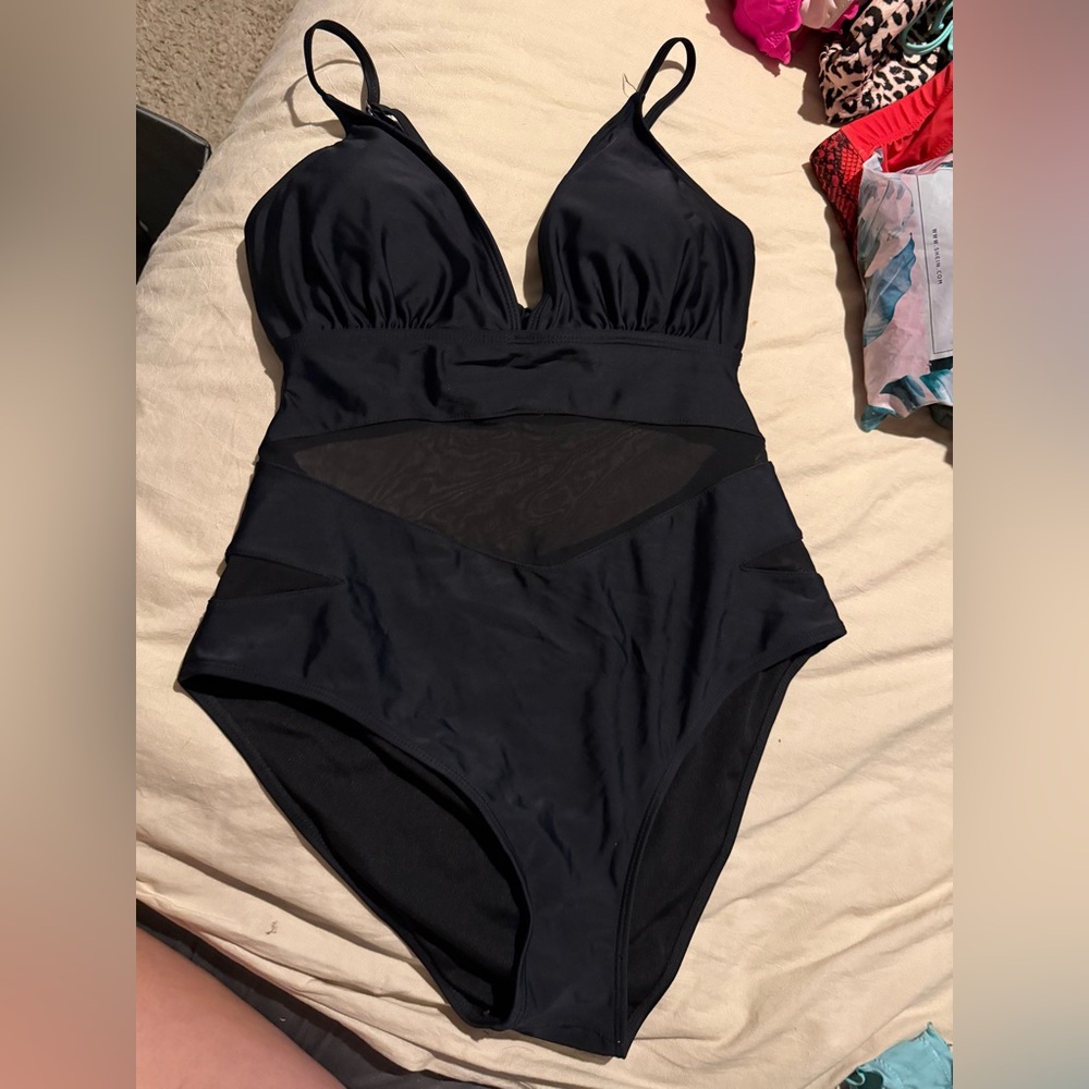 SHEIN Black One Piece Swimsuit with Plunging V-Neck